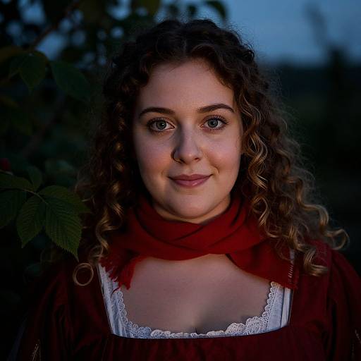 Photograph of a curly-haired woman with fair skin, blue eyes, wearing a red scarf and white lace-trimmed top, against a dark,