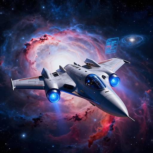 Digital artwork of a futuristic, silver fighter jet with glowing blue engines, flying through a vibrant, colorful nebula in space.