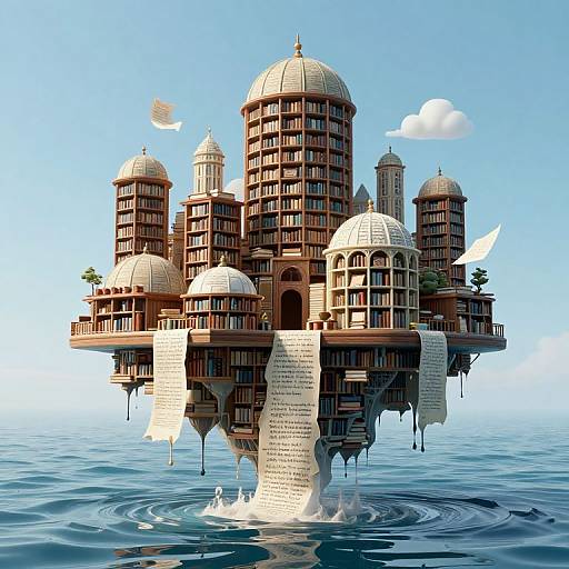 Digital illustration of a floating, book-filled, dome-topped library island with paper scrolls, surrounded by calm blue water, under a clear sky.
