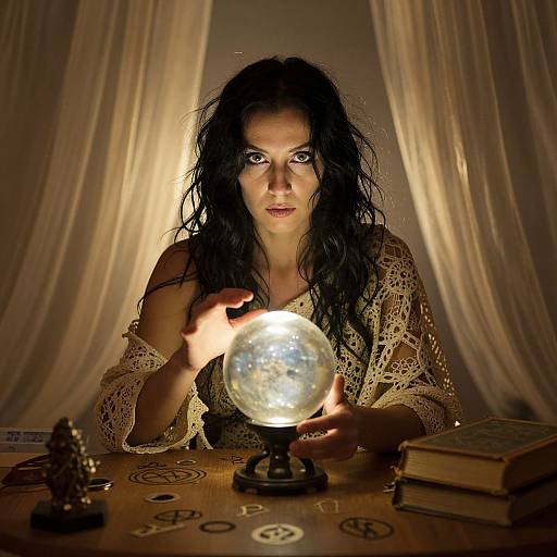 Mysterious woman with wet black hair and intense gaze holds glowing orb, illuminated by soft light, surrounded by mystical objects.