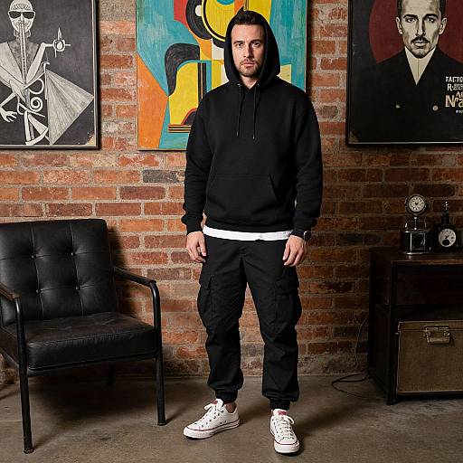 Photograph of a bearded man in black hoodie, pants, and white sneakers, standing in front of a brick wall with abstract and portrait paintings,