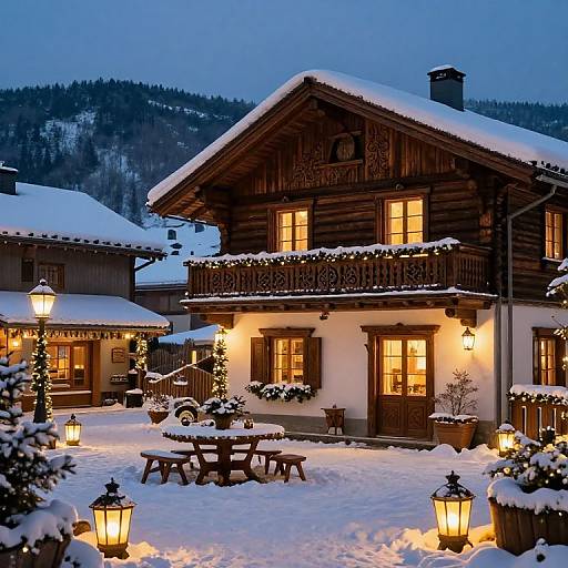 Cozy Snowy Village Creche at Dusk