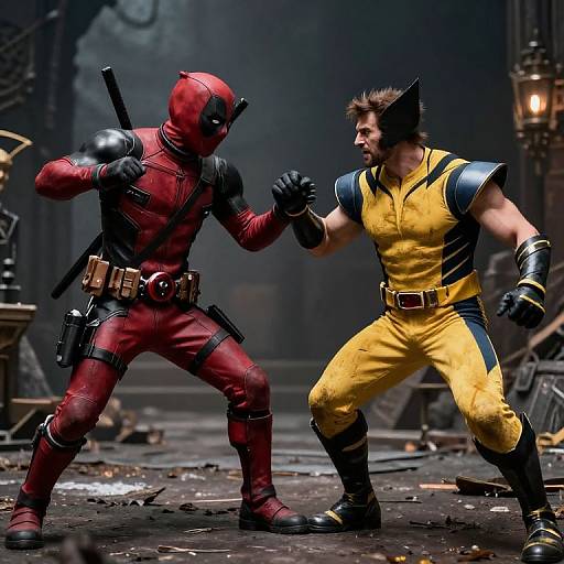 Photorealistic CGI of Deadpool (red suit, black gloves, mask) and Hulk (yellow suit, black gloves, ears) fighting in a gritty