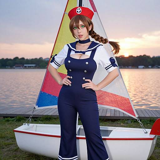 Photograph of a woman with green eyes, brown hair in a braid, wearing a red sailor hat, navy and white sailor uniform, standing in