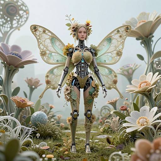 Digital art of a futuristic, humanoid fairy with translucent wings, adorned with flowers, standing in a whimsical, flower-filled garden.