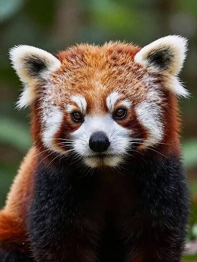 Photograph of a red panda with striking red-brown fur, white facial markings, and black ears, set against a blurred green forest background.