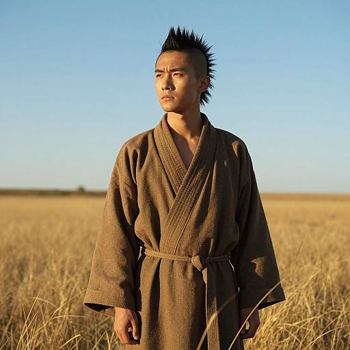Photograph of a young man with spiked black hair, brown robe, standing in a golden field under a clear blue sky.
