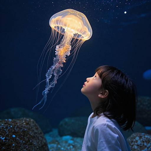 Photograph of a young Asian boy with dark hair, wearing a white shirt, gazing upward at a glowing jellyfish in a dark blue aquarium.