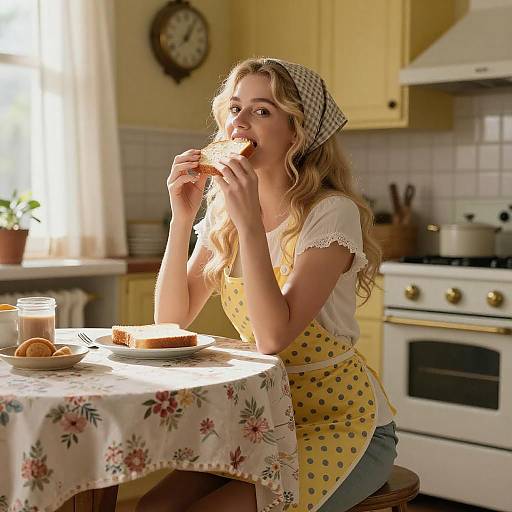 Vintage Kitchen Woman Eating Bread