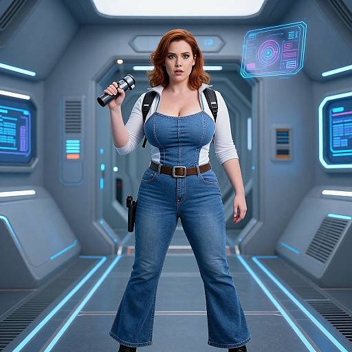 Digital art of a red-haired woman in blue denim overalls and white shirt, holding a pistol in a futuristic, neon-lit hallway.