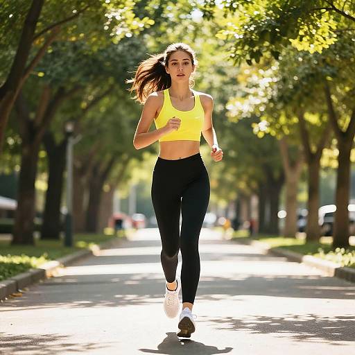 Young Woman Running on Sunlit Path