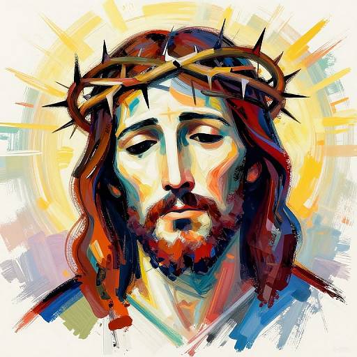 Vibrant digital painting of Jesus with a crown of thorns, featuring bold colors, abstract brushstrokes, and a radiant yellow halo.