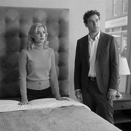 Black and White Portrait of Man and Woman by Bed