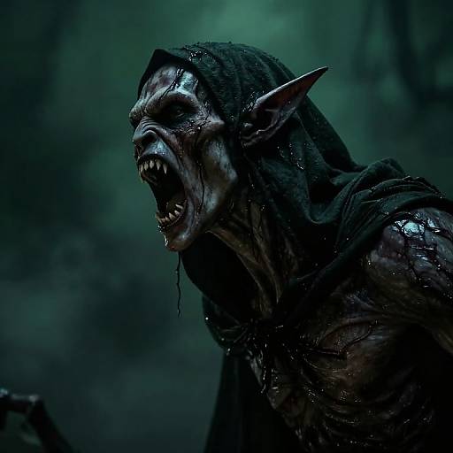 Photorealistic digital art of a menacing, blood-splattered orc with glowing eyes, sharp teeth, and elongated ears, roaring in a dark