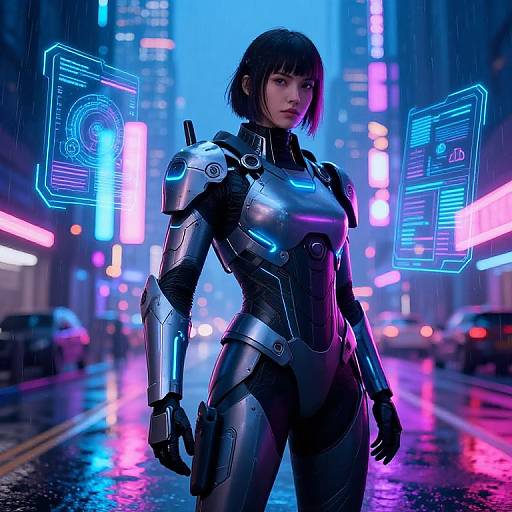 Cyberpunk street scene: Asian woman in sleek, metallic, futuristic armor with glowing holographic screens stands confidently in rain, neon lights reflecting on wet