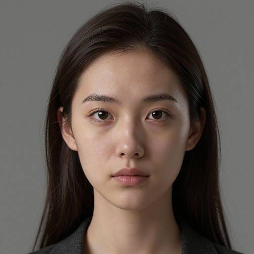 Photograph of an East Asian woman with long black hair, fair skin, and neutral expression, wearing a dark top, against a gray background.