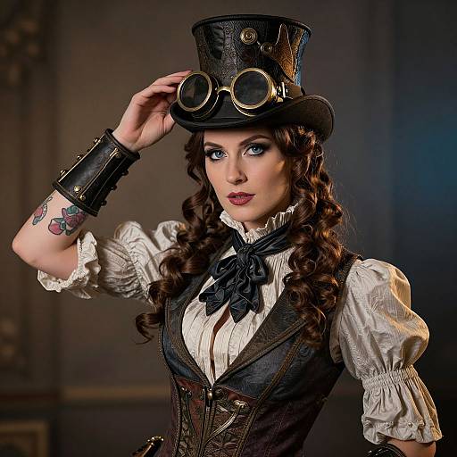 Steampunk woman with curly brown hair, blue eyes, black top hat, round goggles, white ruffled shirt, brown corset, black bow