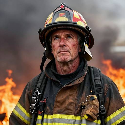 Photograph of a rugged, middle-aged male firefighter with soot-streaked face, yellow and red helmet, black and yellow jacket, and gloves