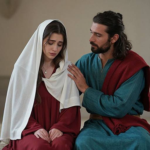 Photograph of a sorrowful young woman in a white veil and red dress, seated beside a concerned bearded man in blue and red robes, gently