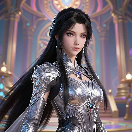 Digital art of a beautiful Asian woman with long black hair, wearing shiny silver armor with blue gem, in a grand, ornate room.