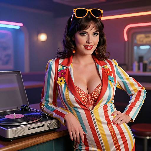 Photograph of a curvy, fair-skinned woman with dark brown hair, wearing a colorful striped jumpsuit, red bra, and orange sunglasses,