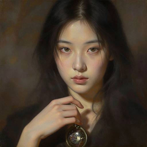 Digital painting of an East Asian woman with long black hair, pale skin, and intense brown eyes, holding a reflective orb against a dark, blurred background