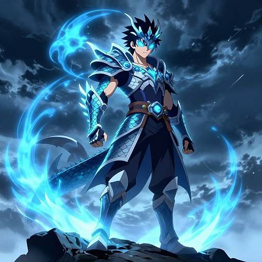 Digital anime-style artwork of a blue-haired warrior with glowing armor, standing on a rocky outcrop surrounded by blue energy circles.
