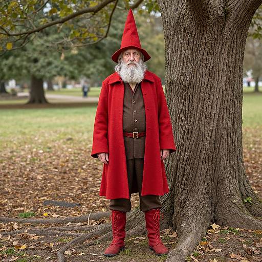 Photograph of elderly man with white beard, red pointed hat, long red coat, brown pants, red boots, standing by tree in autumn park.