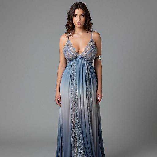 Photograph of a curvy woman with long dark hair, wearing a blue, lace-embellished, deep V-neck gown, standing against a