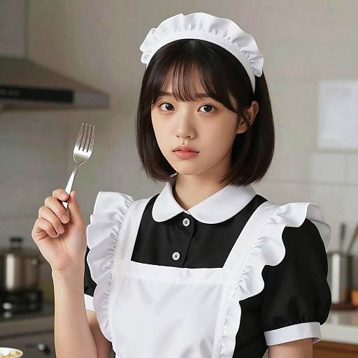 Photograph of an Asian woman with straight black hair in a white maid uniform, holding a fork, standing in a modern kitchen.