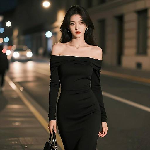 Elegant Woman in Black Dress on City Street at Night