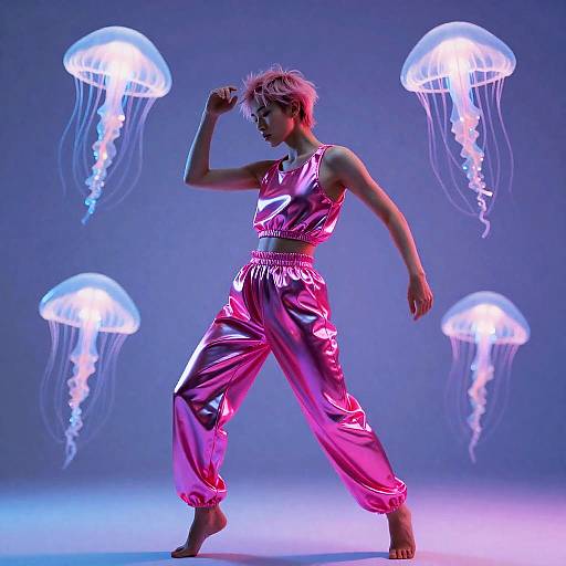 Androgynous dancer in holographic pink outfit with glowing jellyfish