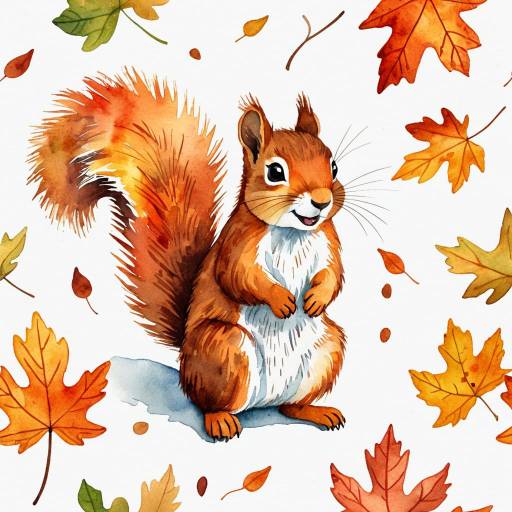 Joyful Watercolor Squirrel with Autumn Leaves