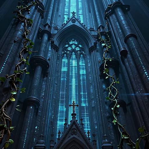 Photograph of a gothic cathedral interior, featuring towering, blue-lit stained glass windows, surrounded by vines, with intricate stone carvings and