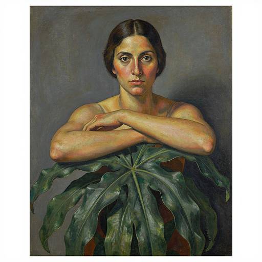 Olive-skinned woman with dark hair, nude, arms crossed over large green monstera leaf, painted in realistic style, dark muted background.