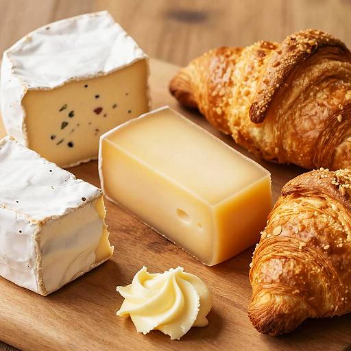 Photograph of cheese, croissants, and butter on a wooden board; featuring a white rind cheese, speckled cheese, smooth cheese