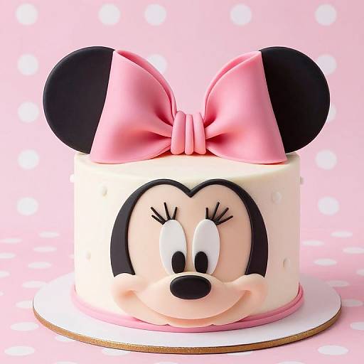 Photograph of a Minnie Mouse-themed cake with pink bow, black ears, white face, and smile on a pink polka dot background.