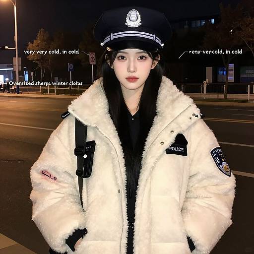 Photograph of a young woman in a police uniform, black hat, white fur coat, night city street background, text overlay.