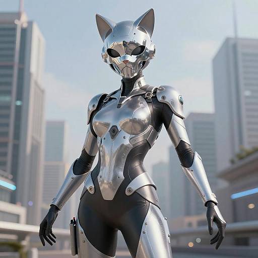 CGI image of a futuristic, silver cat-eared humanoid robot with black accents, standing in a sunlit, modern cityscape.