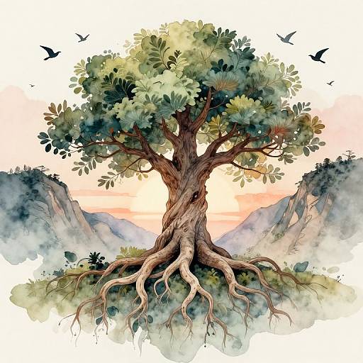 Watercolor illustration of a majestic, twisted tree with exposed roots, lush green leaves, set against a sunset sky and mountainous background with flying birds.