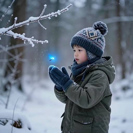 Boy Gazing at Blue Firefly in Snowy Forest