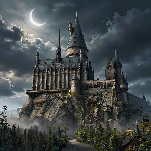 Digital artwork of Hogwarts Castle at night, moonlit sky, dark clouds, misty forest, and towering spires, perched on a rocky hill