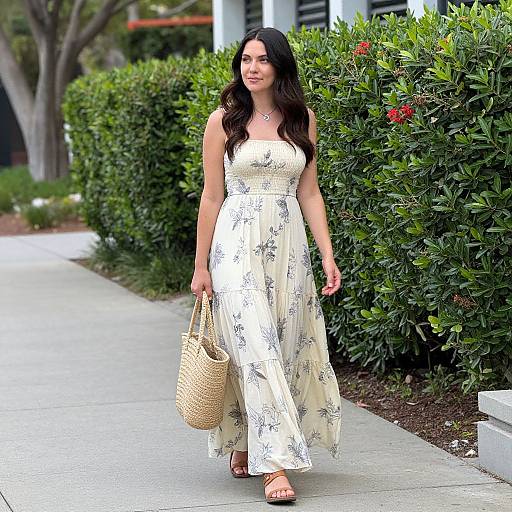 Photograph of a brunette woman with long hair, wearing a white floral sundress, holding a wicker bag, walking on a sidewalk with lush green