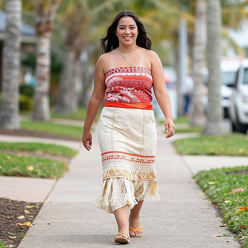 Photograph of a smiling Latina woman with long dark hair, wearing a red and white strapless top, white lace skirt with red patterns, and brown