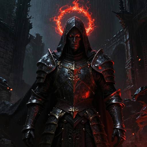 Dark, rain-soaked digital artwork of a hooded, armored warrior with glowing red halo and fiery aura, standing amidst ruined, Gothic architecture.