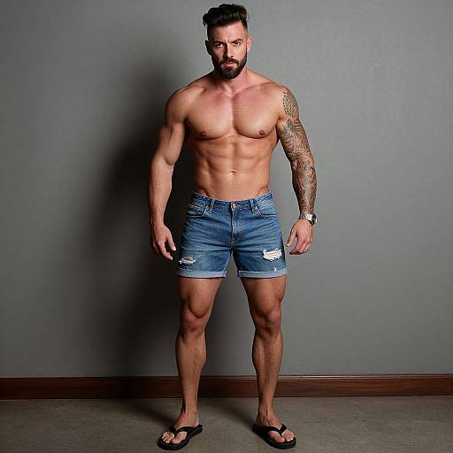 Photograph of a muscular, bearded man with tattoos, wearing blue denim shorts and black flip-flops, standing against a gray wall.