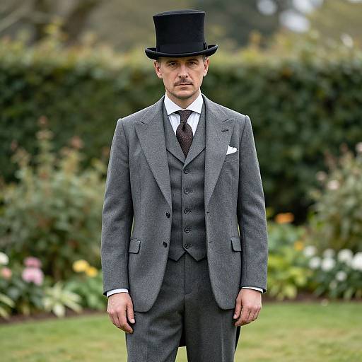 Photograph of a young man in a grey three-piece suit, black top hat, white shirt, and black tie, standing in a lush garden.