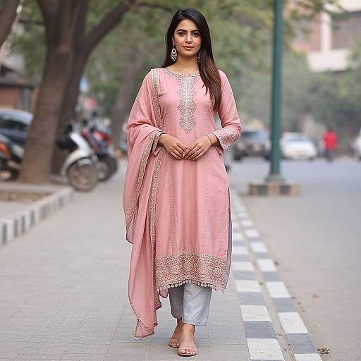Photograph of an Indian woman with long dark hair, wearing a pink embroidered salwar kameez, white pants, and bare feet, walking on