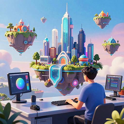 CGI digital art: Man in blue shirt sits at futuristic desk, working on glowing screens, with floating cityscape and floating islands in vibrant, colorful