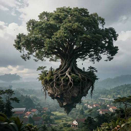 Floating Ancient Tree with Skyward Roots